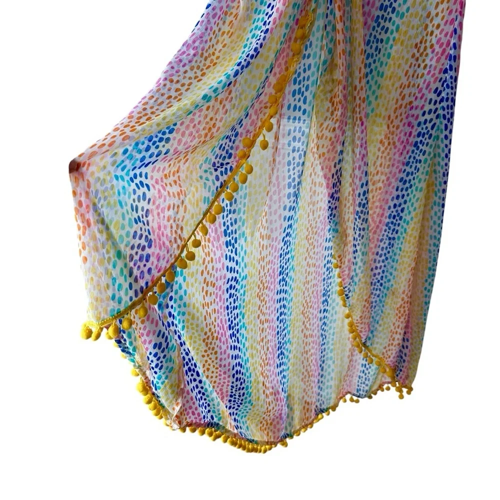 America & Beyond Pastel Multicolor Crochet Swim Coverup with Pom Trim, Large